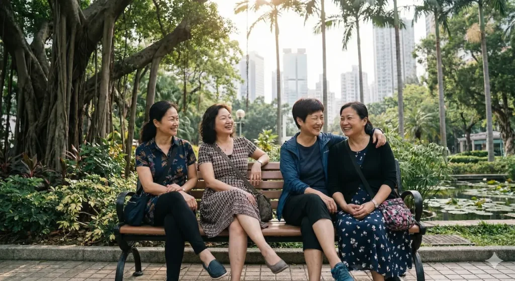 a group of women laughing on a bench in park in Hong Kong